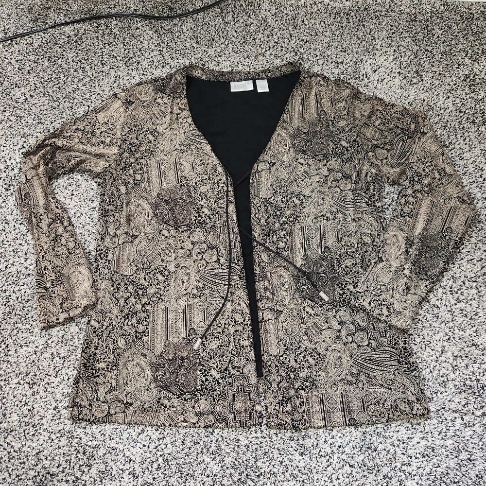 chicos travelers‎ Cardigan/jacket Paisley Print,Black Beige,Front Tie Size 3 / L
